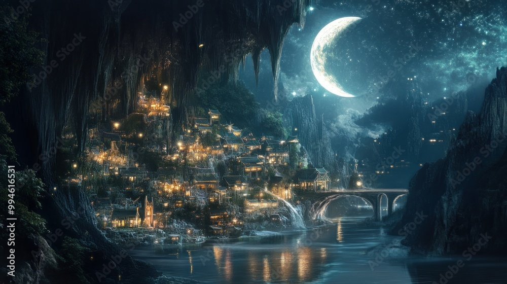 Nighttime View of a Mystical Village Built Into a Cliffside Nighttime View of a Mystical Village Built Into a Cliffside