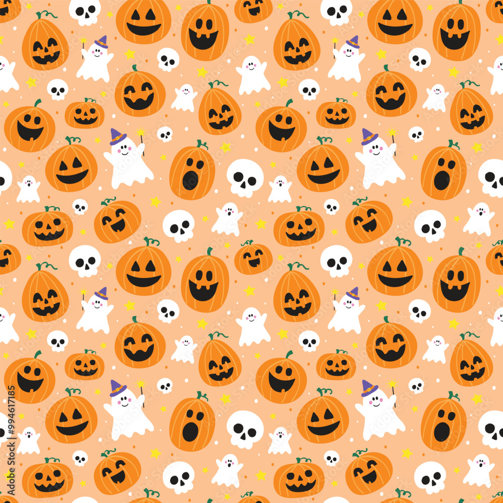 Fototapeta premium Cute Halloween background with hand drawn pumpkins, ghosts and skulls. Seamless pattern. Vector illustration