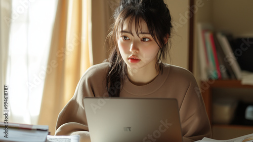 A young Japanese woman deeply engaged in her work, sitting in her home office with a laptop in front of her, papers and notes scattered on her desk, the soft daylight streaming thr photo