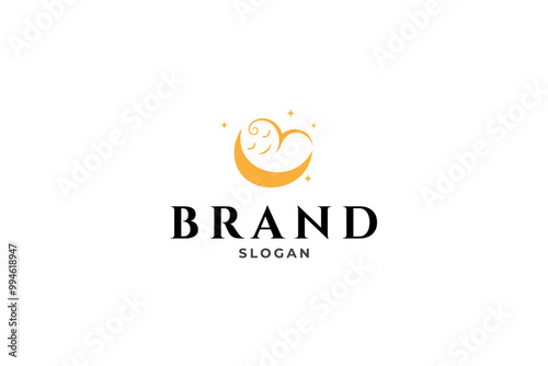 baby logo sleeping on a crescent moon decorated with stars in flat vector design style