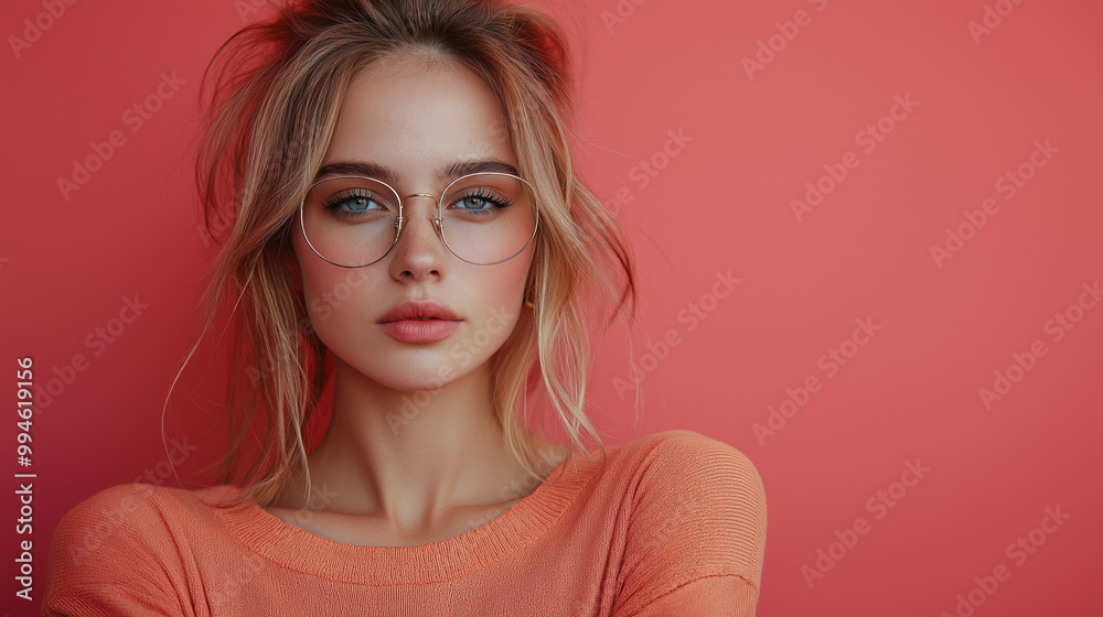 Portrait of a cute positive seductive fashion model in street style smiling posing indoors. Beautiful blond woman wearing stylish glasses Portrait of a cute positive seductive fashion model in street style smiling posing indoors. Beautiful blond woman wearing stylish glasses