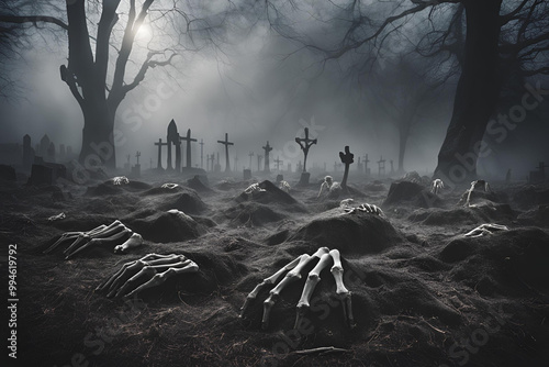 Skeletal Hands Emerging from Graves in Foggy Haunted Cemetery, Creepy night scene of skeletal hands reaching out from graves in a fog-filled cemetery with tombstones and eerie moonlight photo