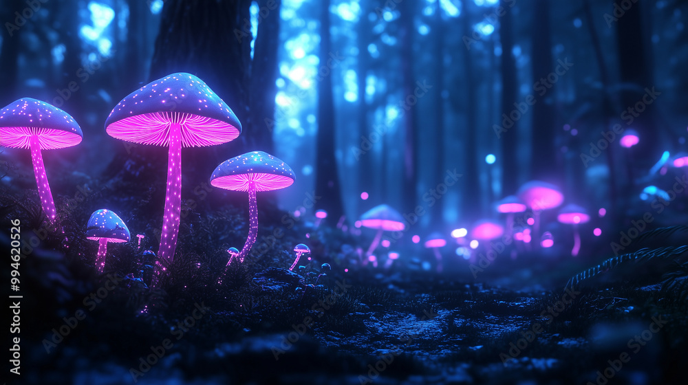 Fototapeta premium A dark enchanted forest filled with glowing mushrooms, their caps pulsing with vibrant bioluminescence, illuminating the surrounding trees and creating an ethereal, magical atmosph