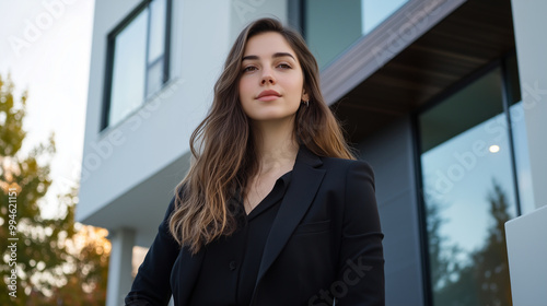 A poised American real estate agent stands outside a sleek, modern home, her confident posture and friendly expression inviting potential buyers to explore the property, radiating