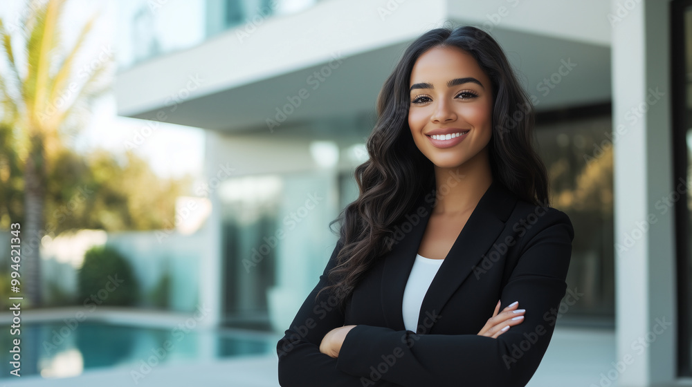 A professional American real estate agent stands confidently outside a luxurious modern home, her friendly demeanor and polished appearance signaling her readiness to assist home b A professional American real estate agent stands confidently outside a luxurious modern home, her friendly demeanor and polished appearance signaling her readiness to assist home b