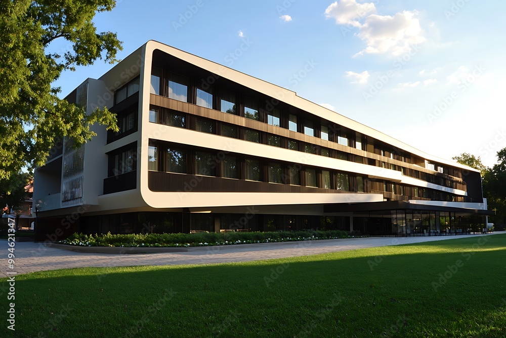 Fototapeta premium Modern Architectural Design: A Sleek Building with Expansive Windows