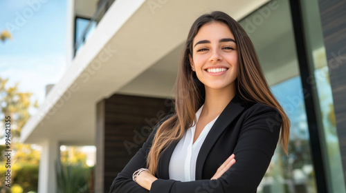 A charismatic real estate agent stands outside a modern house, exuding confidence and professionalism, her approachable posture and bright smile making her an ideal guide for prosp