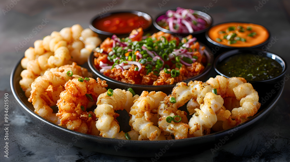 A platter of clam strips with various dipping sauces, captured using an ultra HD camera with a ring light for even illumination A platter of clam strips with various dipping sauces, captured using an ultra HD camera with a ring light for even illumination
