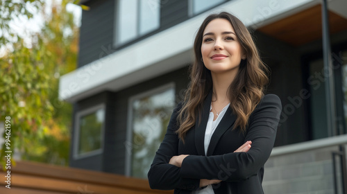 A confident real estate agent in business attire stands outside a contemporary home with clean architectural lines, her approachable demeanor and professionalism evident as she pre