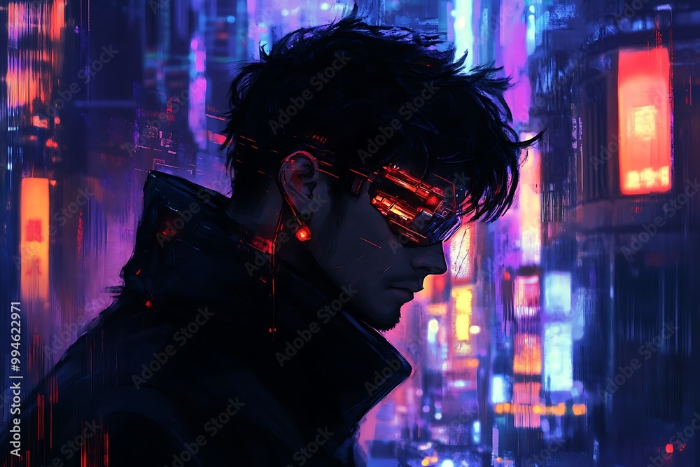Cyberpunk man with red glowing eyes in neon city, digital art illustration Cyberpunk man with red glowing eyes in neon city, digital art illustration