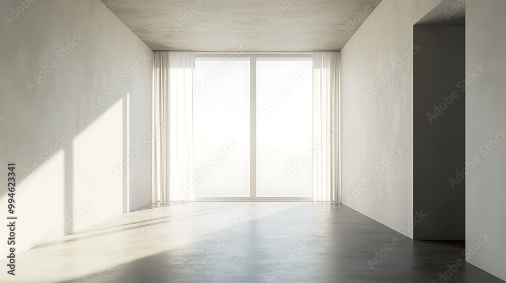Fototapeta premium Empty white room with large window, minimalistic interior design