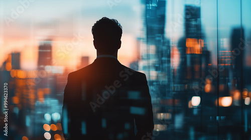 A blurred modern cityscape fills the background as the silhouette of an unrecognizable businessman stands in the foreground  representing the concept of future financial success an