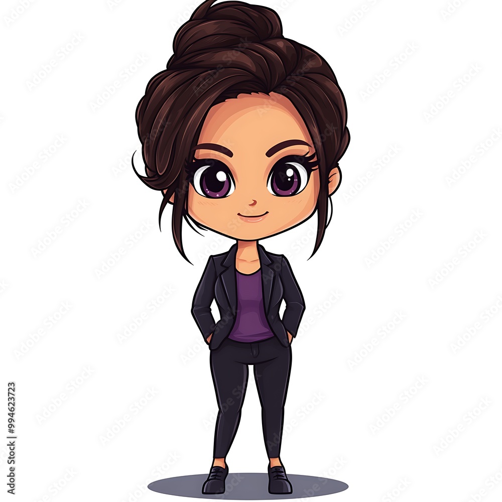Cute chibi cartoon girl character with brown hair and black jacket illustration Cute chibi cartoon girl character with brown hair and black jacket illustration