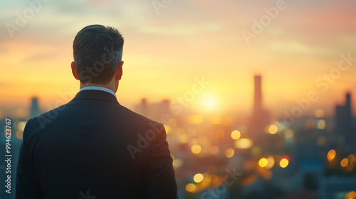 An unrecognizable businessman, seen from behind, stands confidently with a blurred, vibrant cityscape in the distance, representing the limitless financial opportunities and hopefu