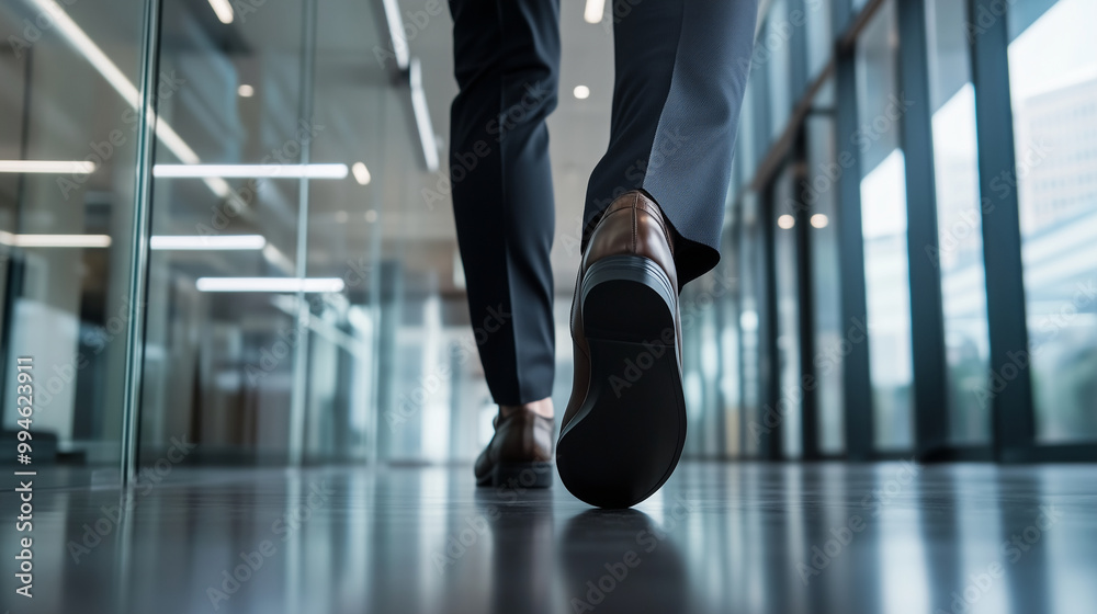 Fototapeta premium A businessmanâs legs, dressed in tailored trousers and sleek leather shoes, stride quickly through an open office space, the minimalist decor and glass partitions of the modern bui