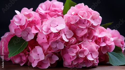 Pink hydrangea flowers on a black background close-up