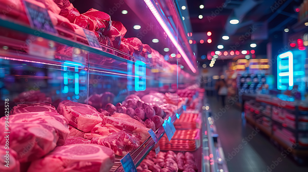 Meat aisle with various cuts displayed in a refrigerated grocery section. close-up of a meat fridge in a grocery store filled with various cuts of fresh meat various cuts of beef, pork and other meats Meat aisle with various cuts displayed in a refrigerated grocery section. close-up of a meat fridge in a grocery store filled with various cuts of fresh meat various cuts of beef, pork and other meats