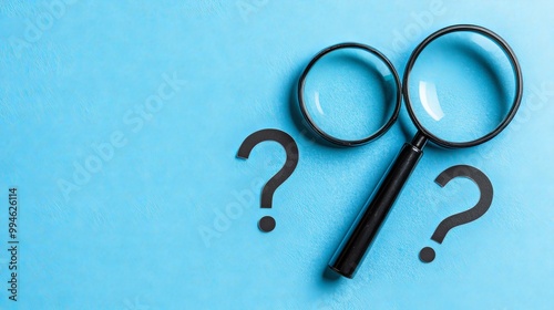 Magnifying glass and question mark signs on a blue background Representing the search for information solutions or answers ideal for inquiry or researchrelated themes photo