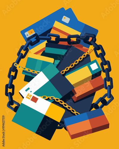 A pile of credit cards being held down by heavy chains portraying the enment and struggle of credit card debt.. Vector illustration