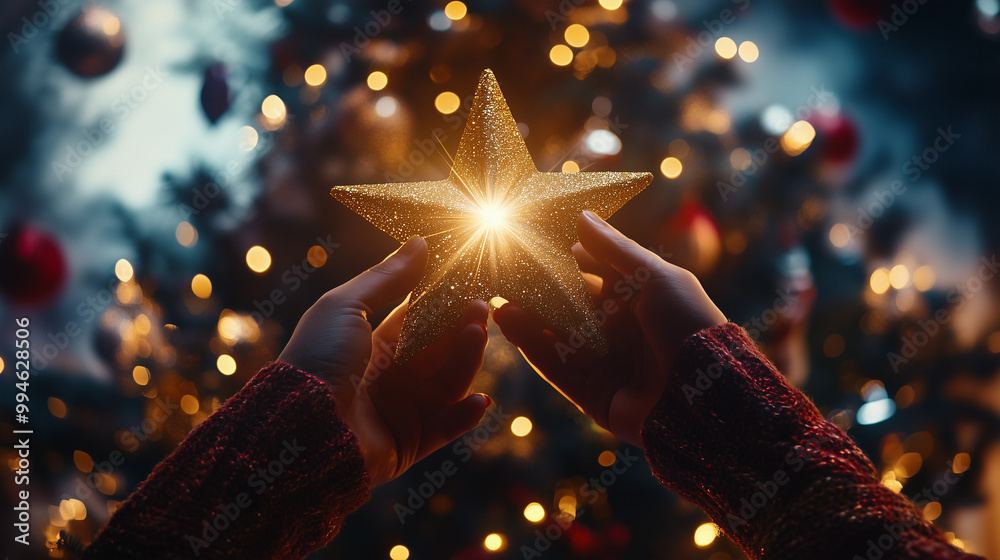 hands holding a golden star on a christmas tree during the christmas eve celebration, surrounded by decorations and ornaments