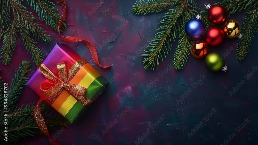 Rainbow Wrapping Christmas Gift with Pine Branch and Christmas Ornaments
Rainbow Wrapping Christmas Gift with Pine Branch and Christmas Ornaments