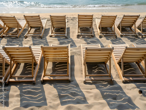 Sunny beach day with rows of identical striped beach chairs overlooking the sparkling ocean waves.