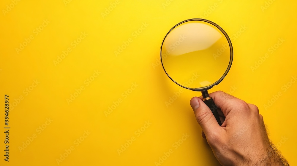 Man hand holding a classic style magnifying glass isolated on a yellow background A clean design with copy space suitable for searchrelated themes or personal investigation Man hand holding a classic style magnifying glass isolated on a yellow background A clean design with copy space suitable for searchrelated themes or personal investigation