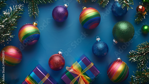Rainbow Wrapping Christmas Gift with Pine Branch and Christmas Ornaments

