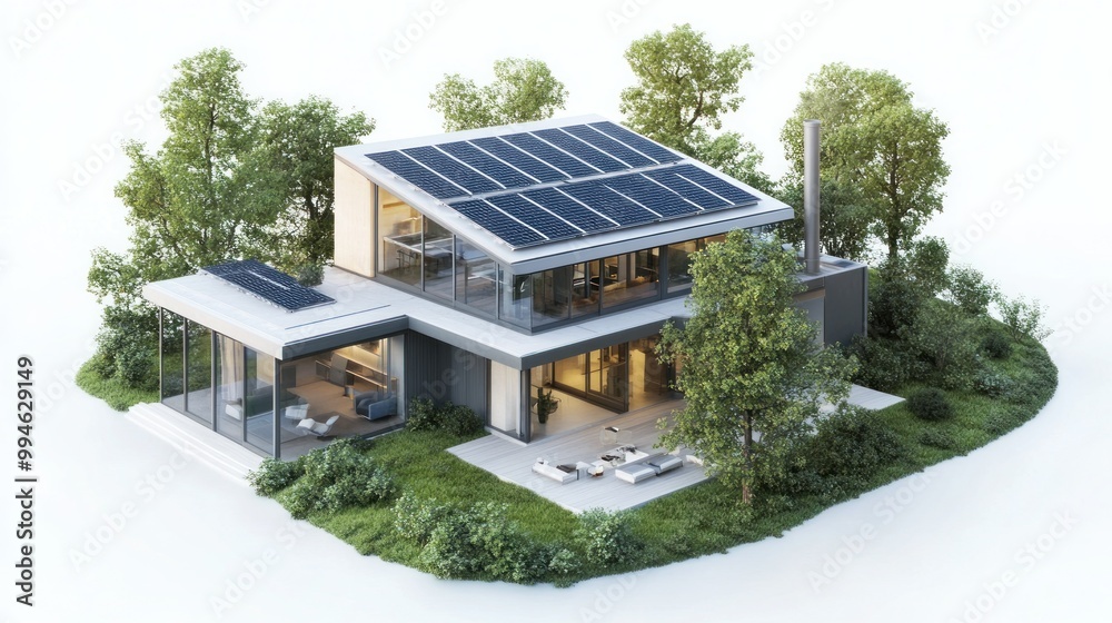 Modern Sustainable Home with Solar Panels and Lush Greenery Modern Sustainable Home with Solar Panels and Lush Greenery