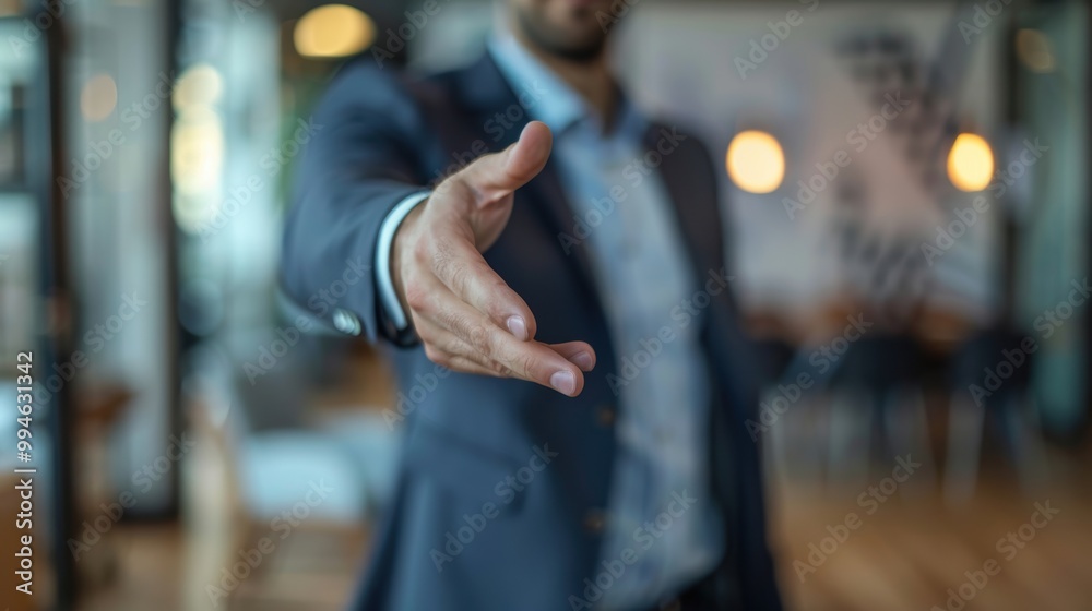 Fototapeta premium Closeup of a businessman reaching out for a handshake to greet and welcome. Engaging in networking and negotiations for a potential deal or job advancement