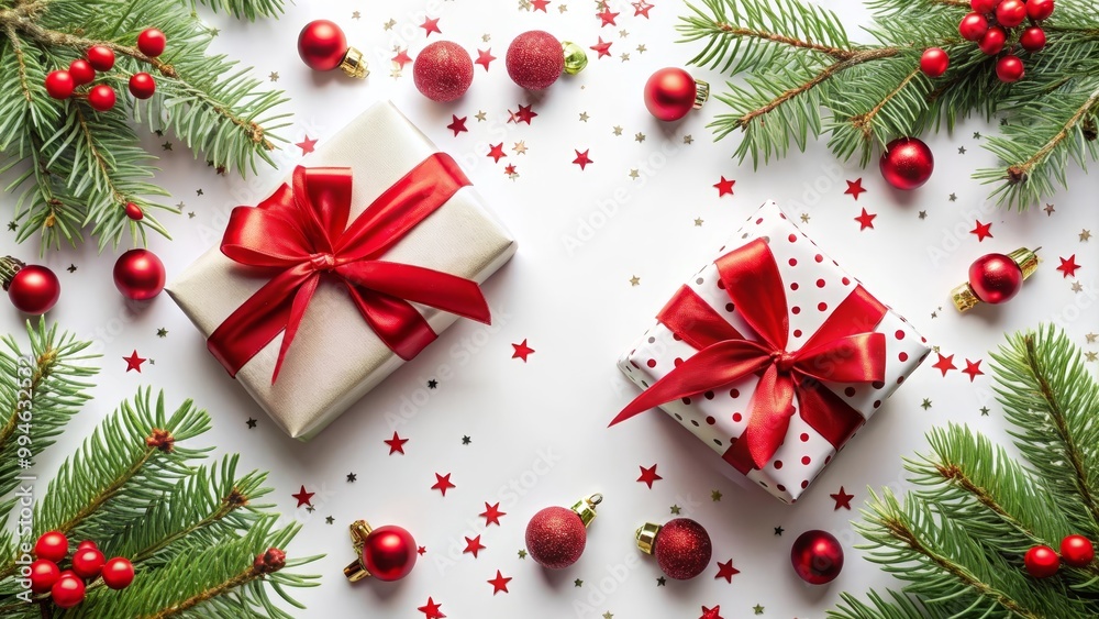 Christmas gift with red ribbon surrounded by fir branches and ornaments lying on white background Christmas gift with red ribbon surrounded by fir branches and ornaments lying on white background