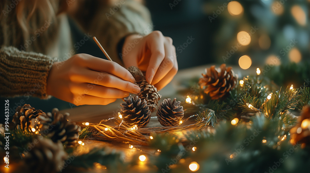 woman's hands making crafts and sustainable decorations for christmas and new year’s celebrations at home with christmas lights