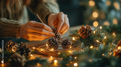 Obraz na płótnie woman's hands making crafts and sustainable decorations for christmas and new year’s celebrations at home with christmas lights w salonie