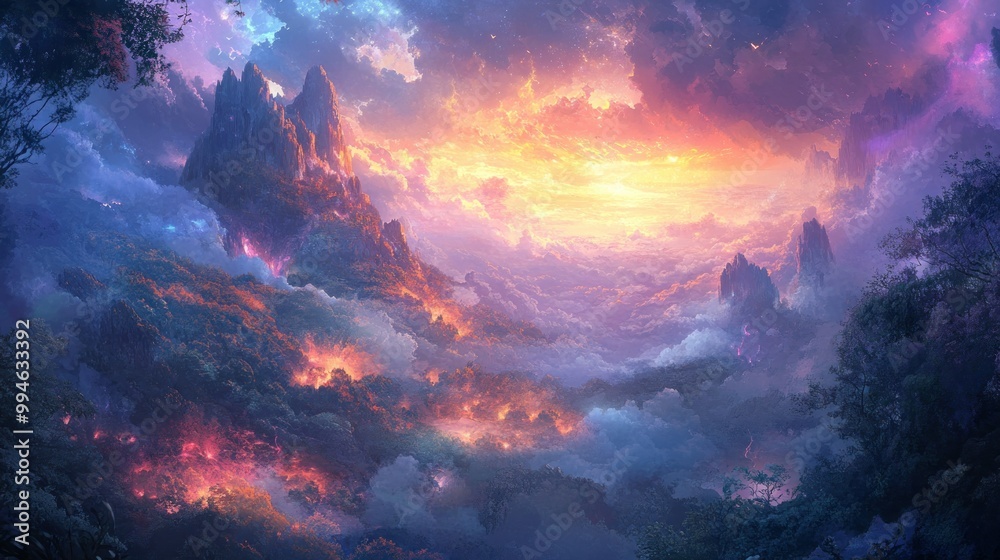 Fototapeta premium Ethereal Mountain Landscape with Glowing Clouds and Volcanic Activity