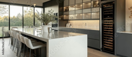 Contemporary kitchen featuring a glossy waterfall island with built-in wine cooler, complemented by stylish cabinetry and minimalist design. photo