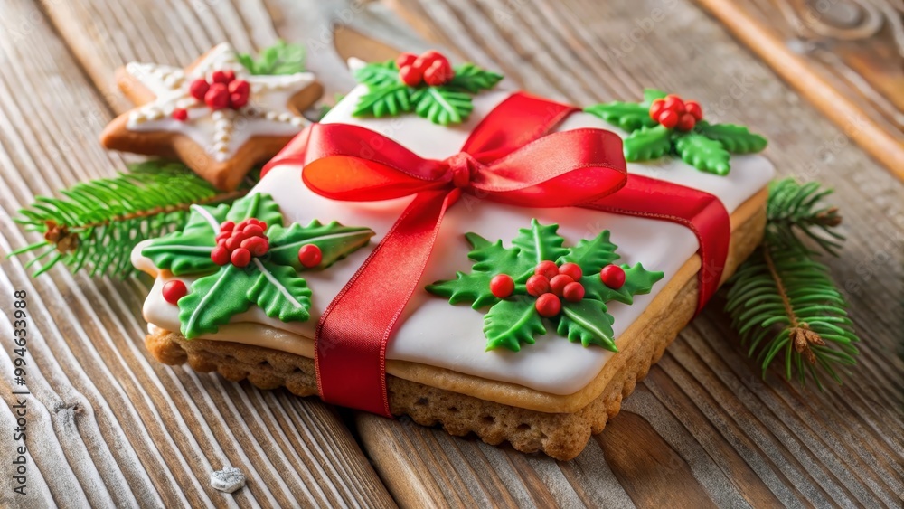 Fototapeta premium Christmas gingerbread cookies decorated with a red ribbon lying on a wooden surface