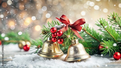 Two golden christmas bells with red bows resting on snow with pine branches, red berries and twinkling lights