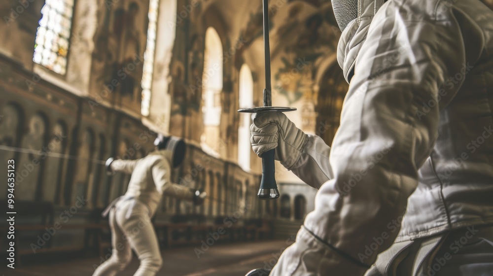 Fototapeta premium Fencers engage in a training bout in a hall, showcasing martial arts skills with masks and outfits for fitness and competition in swordplay