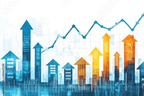 An upward-trending graph with arrows pointing upwards, showing a rising real estate market The background is white and blue, with digital stock chart data displayed Generative AI photo