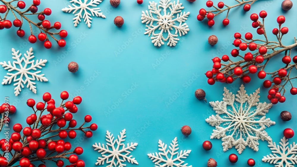 Christmas decoration background featuring red berries and snowflakes on blue surface with copy space Christmas decoration background featuring red berries and snowflakes on blue surface with copy space