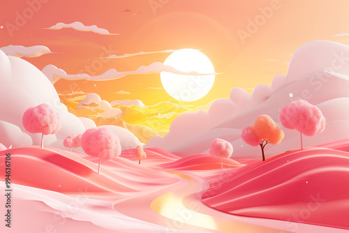 Abstract fantasy composition of 3D surreal landscape. Abstract mountains, hills and trees with river flow and moon in light pastel pink, white and yellow colors. photo