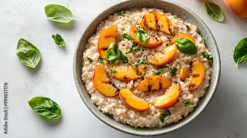 Delectable Rice Pudding Adorned with Grilled Peaches photo