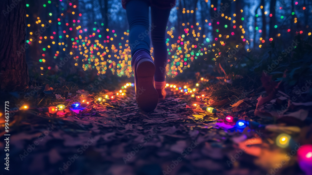 woman legs walking in a forest with colorful lights along the path during the christmas season, celebrating new year with a sense of adventure and freedom