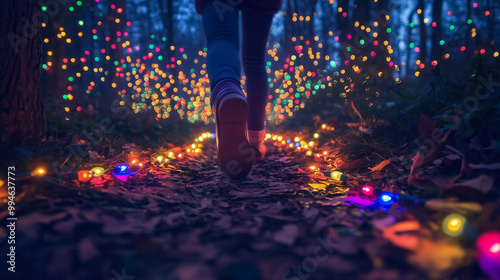 woman legs walking in a forest with colorful lights along the path during the christmas season, celebrating new year with a sense of adventure and freedom photo