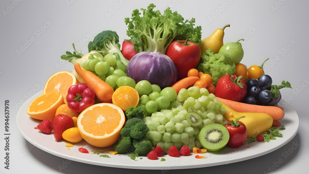 Harmonious Blend of Vegetables and Fruits Illustration: A Healthy Meal on a Plate generative ai