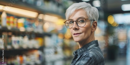 Portrait of a confident mature female pharmacist smiling in a healthcare setting, representing professionalism in medicine and medication services