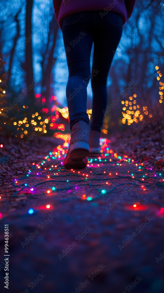 woman legs walking in a forest with colorful lights along the path during the christmas season, celebrating new year with a sense of adventure and freedom