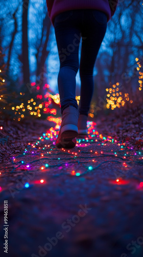 Obraz na płótnie woman legs walking in a forest with colorful lights along the path during the christmas season, celebrating new year with a sense of adventure and freedom w salonie