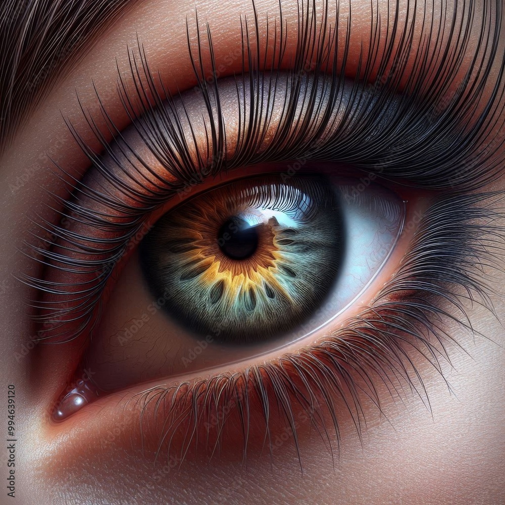 Fototapeta premium A beautiful eye, bathed in sunlight, shiny. Close-up. Extremely long false eyelashes. Eyelash extensions. Make-up, Cosmetics, Beauty. Macro