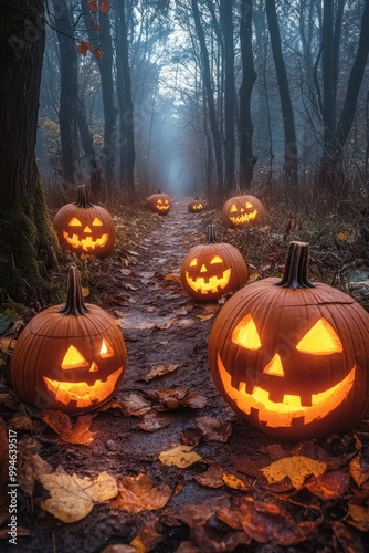 A foggy graveyard scene with spectral figures and moonlight creates an eerie halloween ambiance